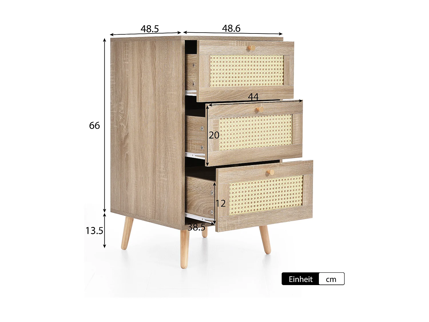 Cômoda com 3 gavetas, Madeira maciça + vime + aglomerado, Carvalho, Alt.79,5/L48,6/D48,5 cm