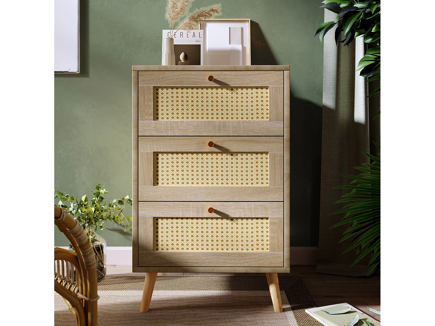 Cômoda com 3 gavetas, Madeira maciça + vime + aglomerado, Carvalho, Alt.79,5/L48,6/D48,5 cm