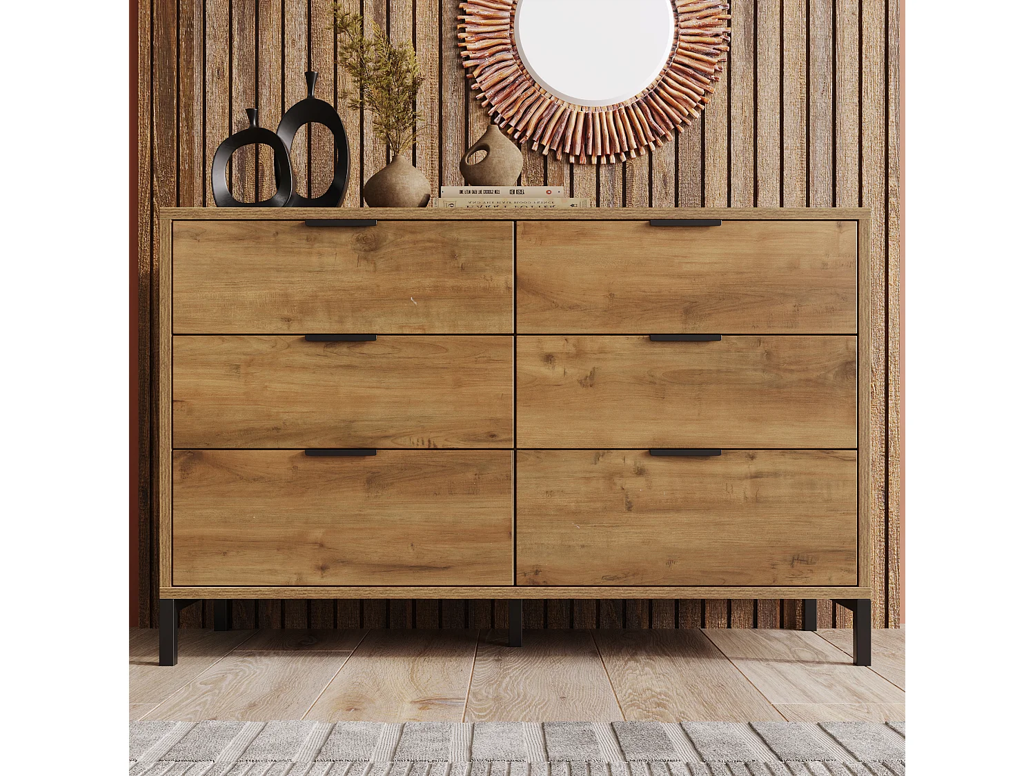 Commode, buffet avec 6 tiroirs, 120 x 40 x 76 cm, Panneaux de particules + métal, Chêne foncé