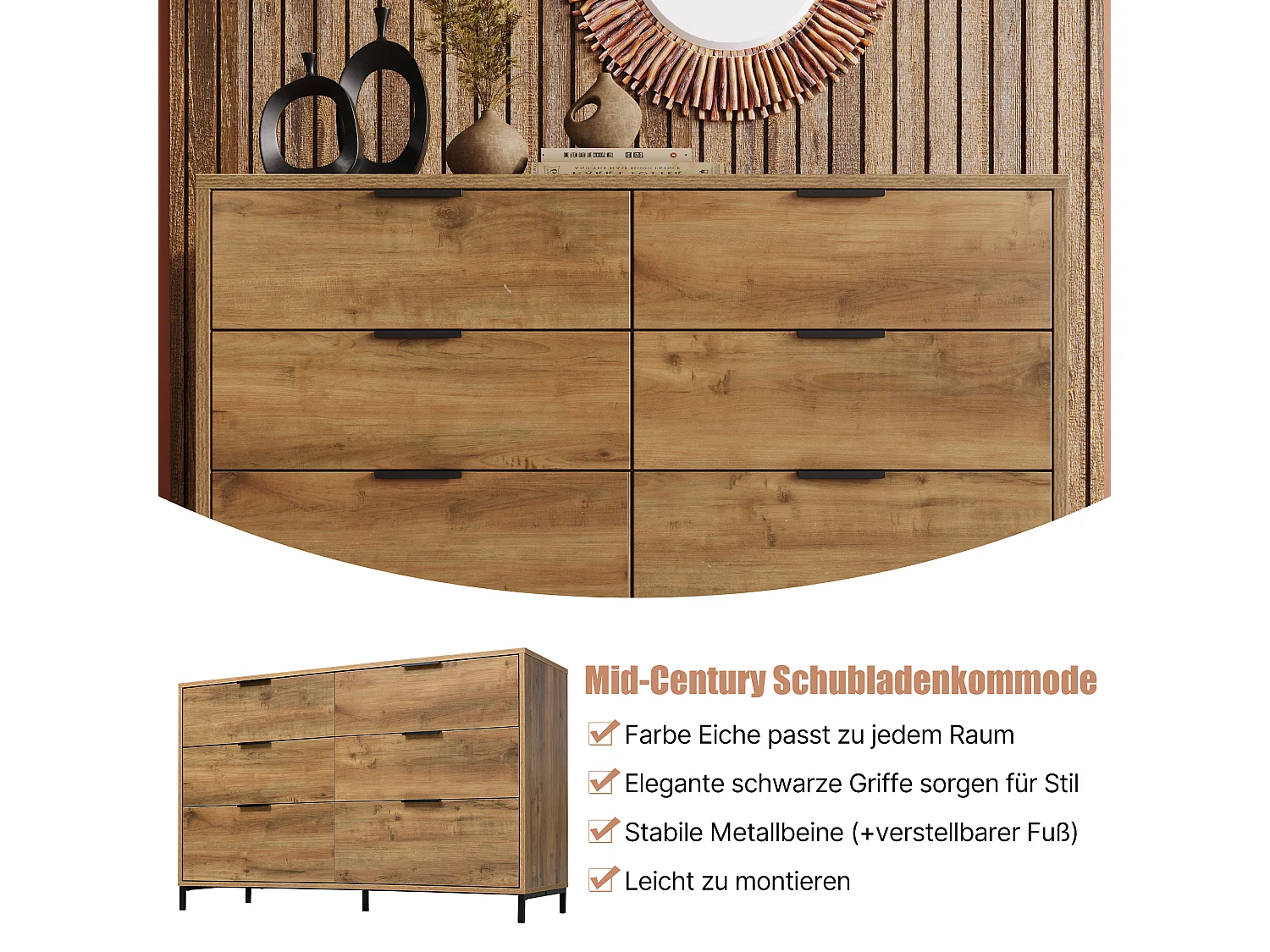 Commode, buffet avec 6 tiroirs, 120 x 40 x 76 cm, Panneaux de particules + métal, Chêne foncé