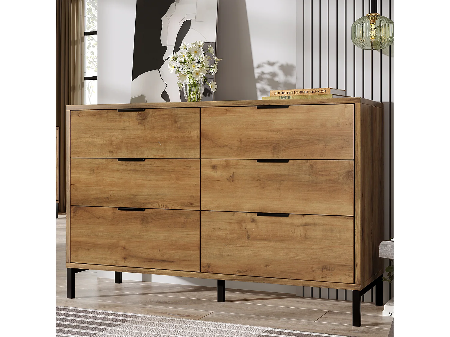 Commode, buffet avec 6 tiroirs, 120 x 40 x 76 cm, Panneaux de particules + métal, Chêne foncé