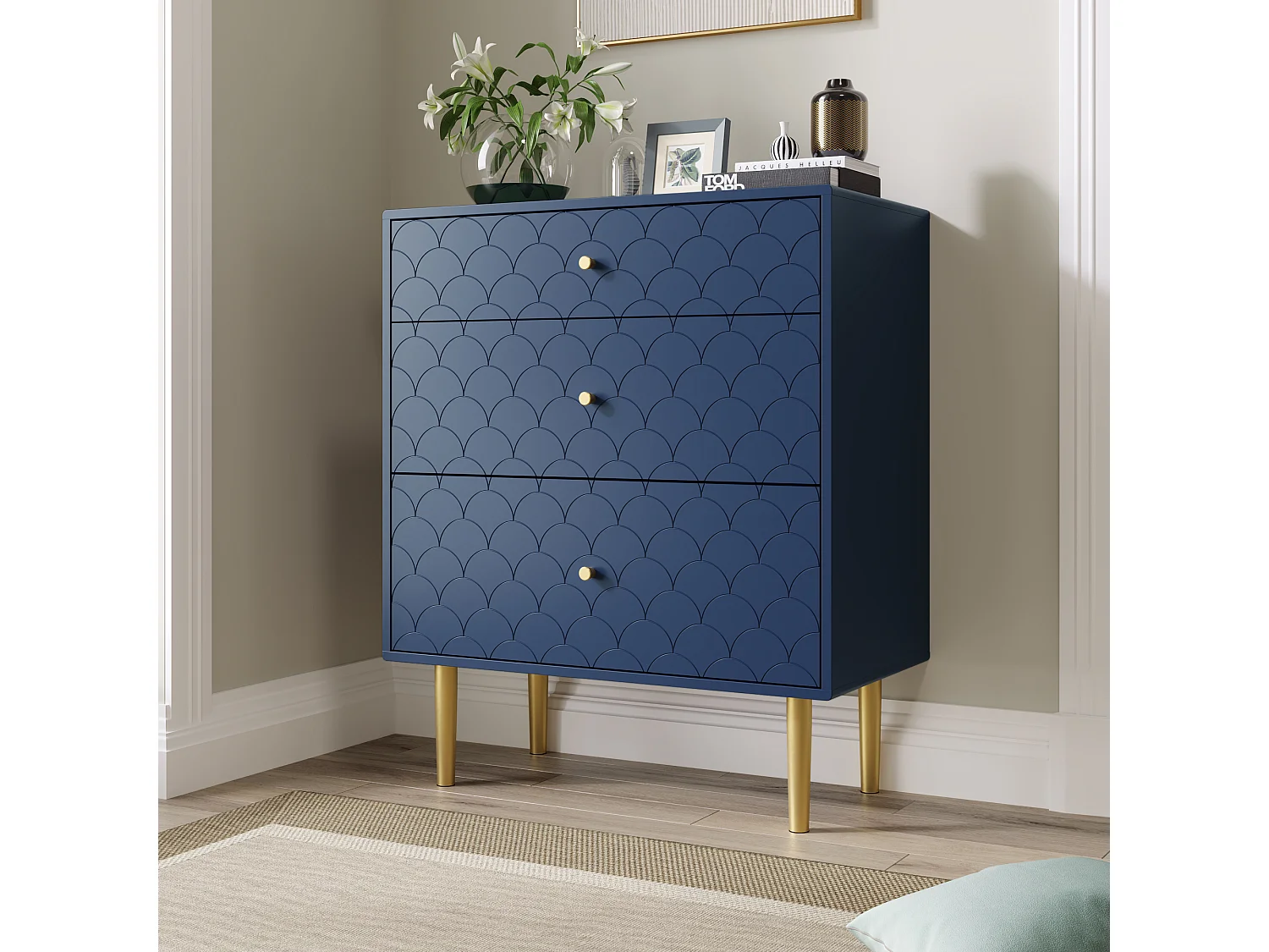 Ladekast met 3 laden, Dressoir, Massief hout + spaanplaat, Marineblauw - H89/L75/D40 cm