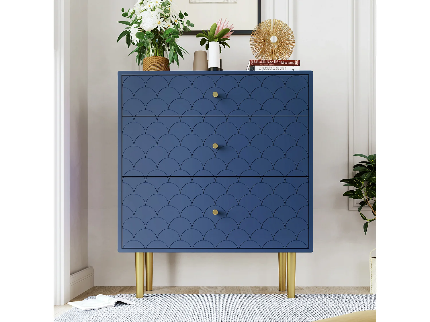 Ladekast met 3 laden, Dressoir, Massief hout + spaanplaat, Marineblauw - H89/L75/D40 cm