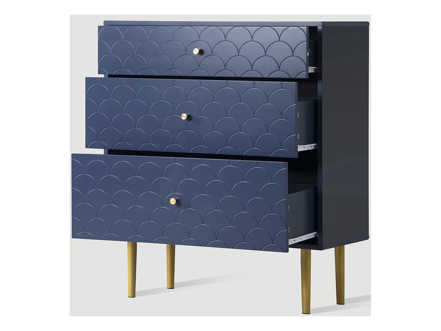 Ladekast met 3 laden, Dressoir, Massief hout + spaanplaat, Marineblauw - H89/L75/D40 cm