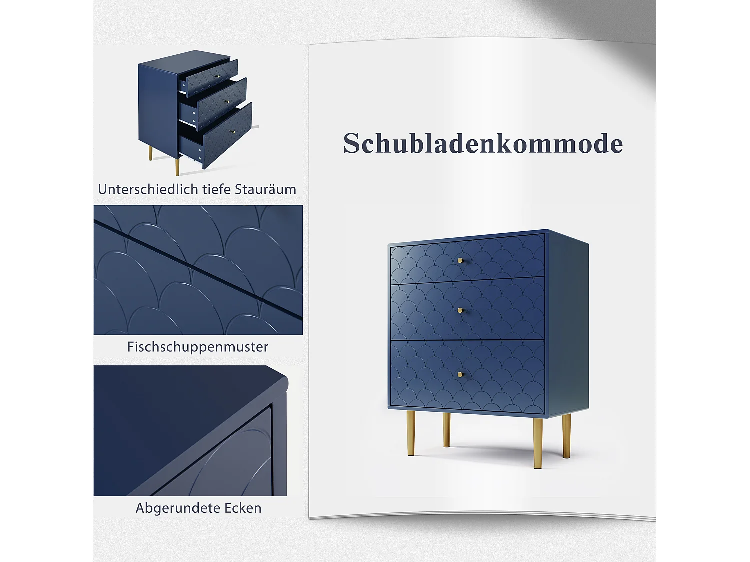 Ladekast met 3 laden, Dressoir, Massief hout + spaanplaat, Marineblauw - H89/L75/D40 cm