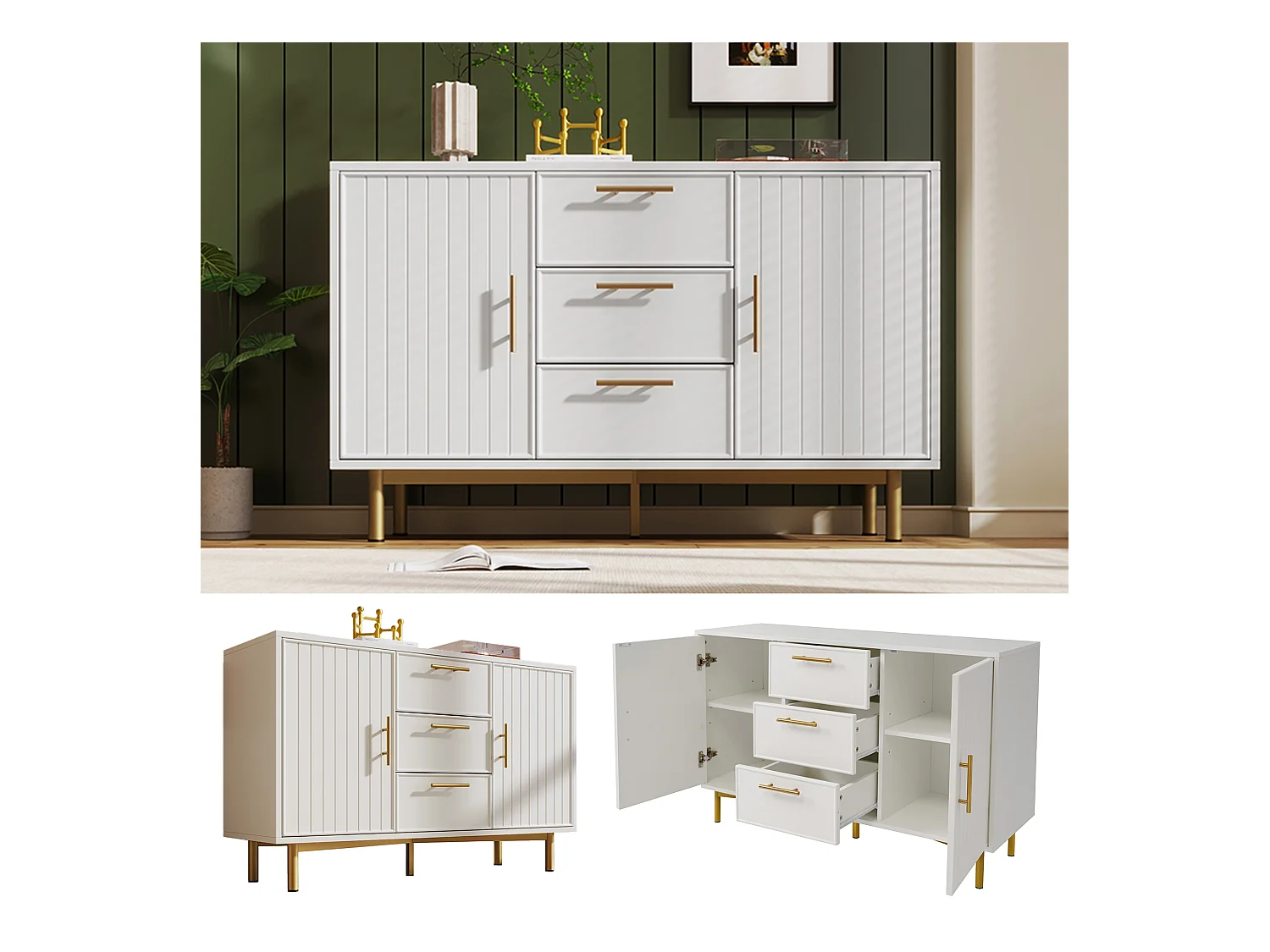 Commode avec 2 portes et 3 tiroirs, 120 x 40 x 75 cm, Panneaux de particules + métal, Motif rayures verticales, Blanc
