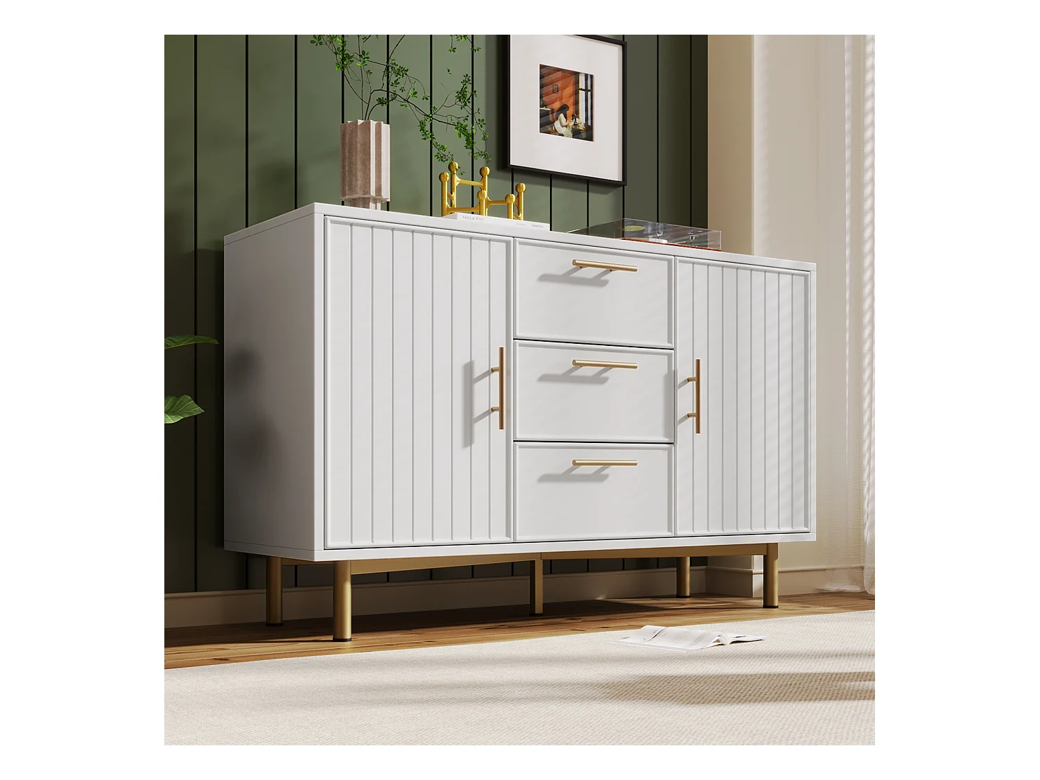 Ladekast met 2 deuren en 3 lades, 120 x 40 x 75 cm, spaanplaat + metaal, Verticaal strepenpatroon, Wit