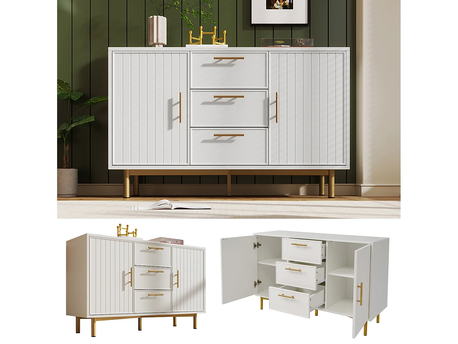 Ladekast met 2 deuren en 3 lades, 120 x 40 x 75 cm, spaanplaat + metaal, Verticaal strepenpatroon, Wit