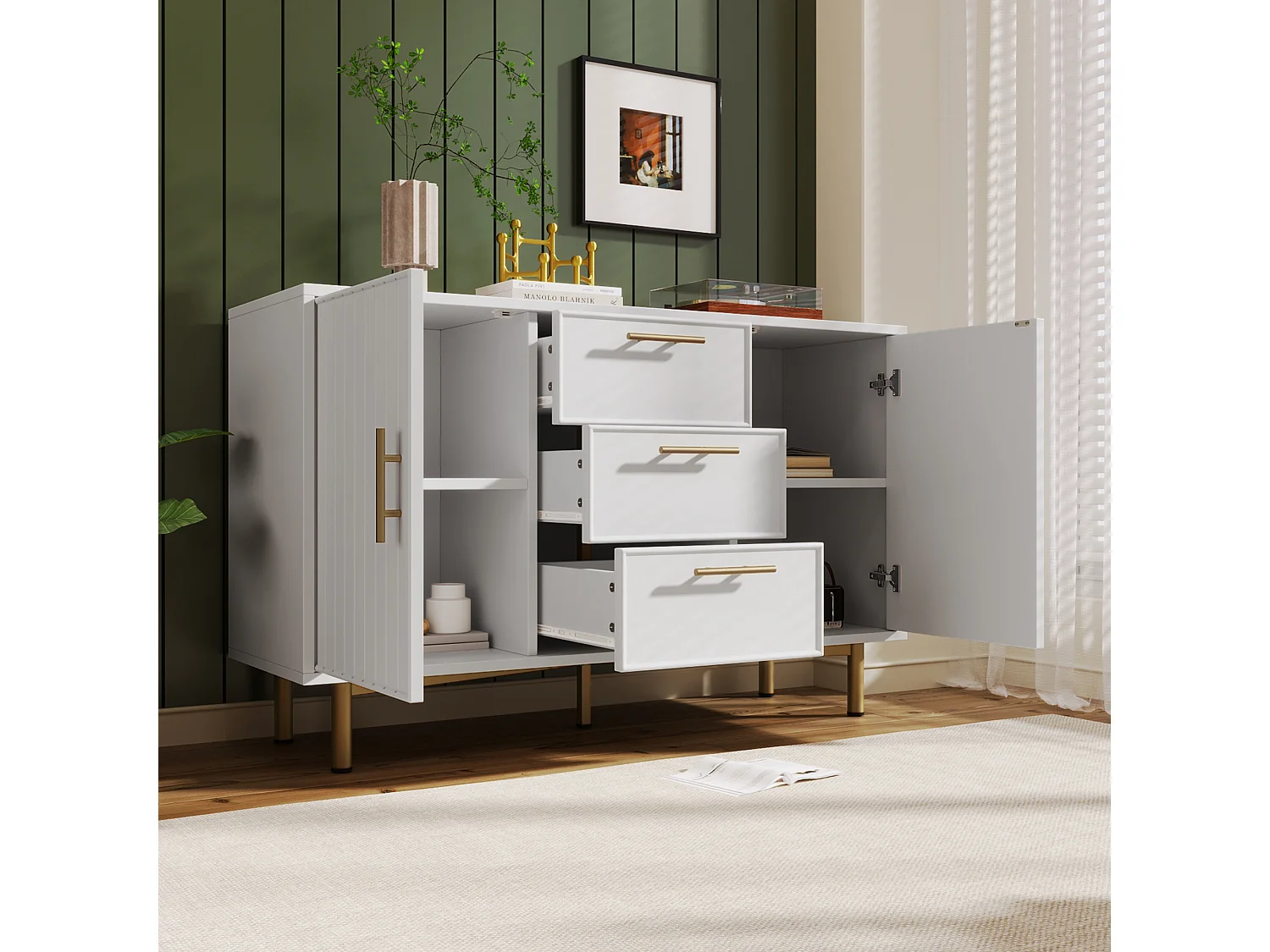 Ladekast met 2 deuren en 3 lades, 120 x 40 x 75 cm, spaanplaat + metaal, Verticaal strepenpatroon, Wit