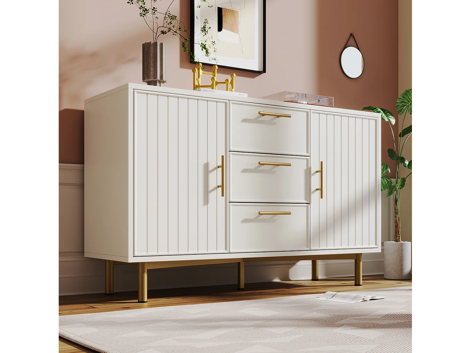 Ladekast met 2 deuren en 3 lades, 120 x 40 x 75 cm, spaanplaat + metaal, Verticaal strepenpatroon, Wit