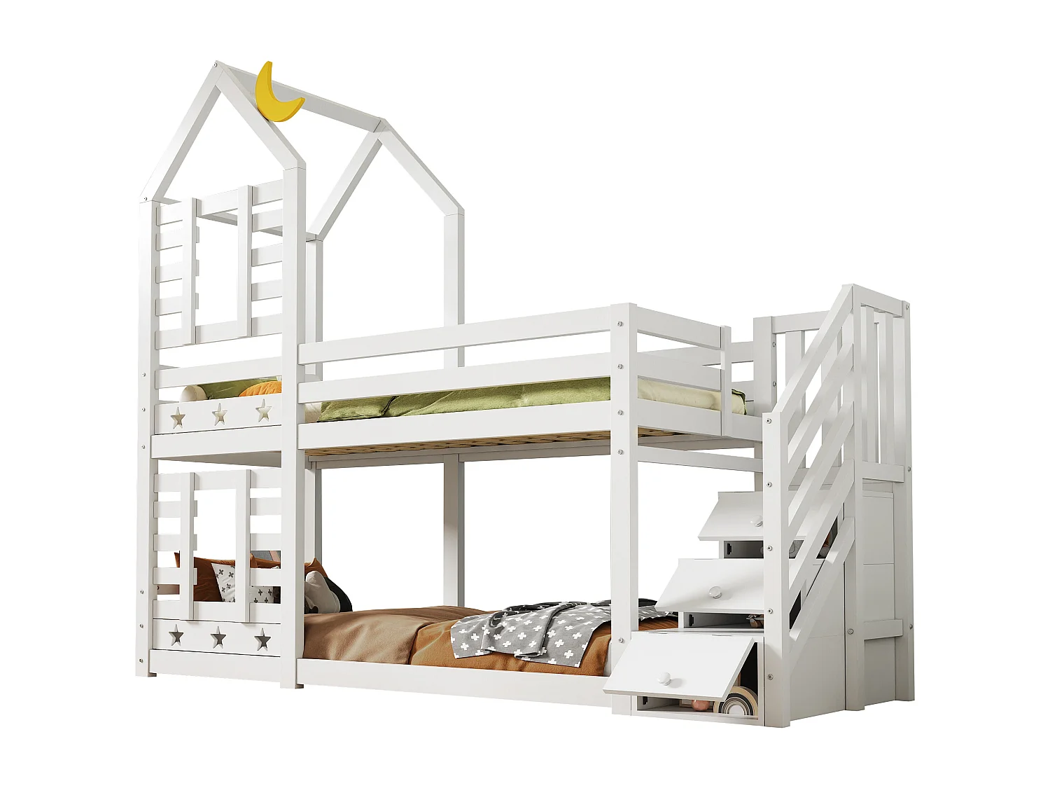 Stapelbed 2 x 90 x 200 cm met 3 lades en trap - massief hout en MDF - 2 x lattenbodems - wit