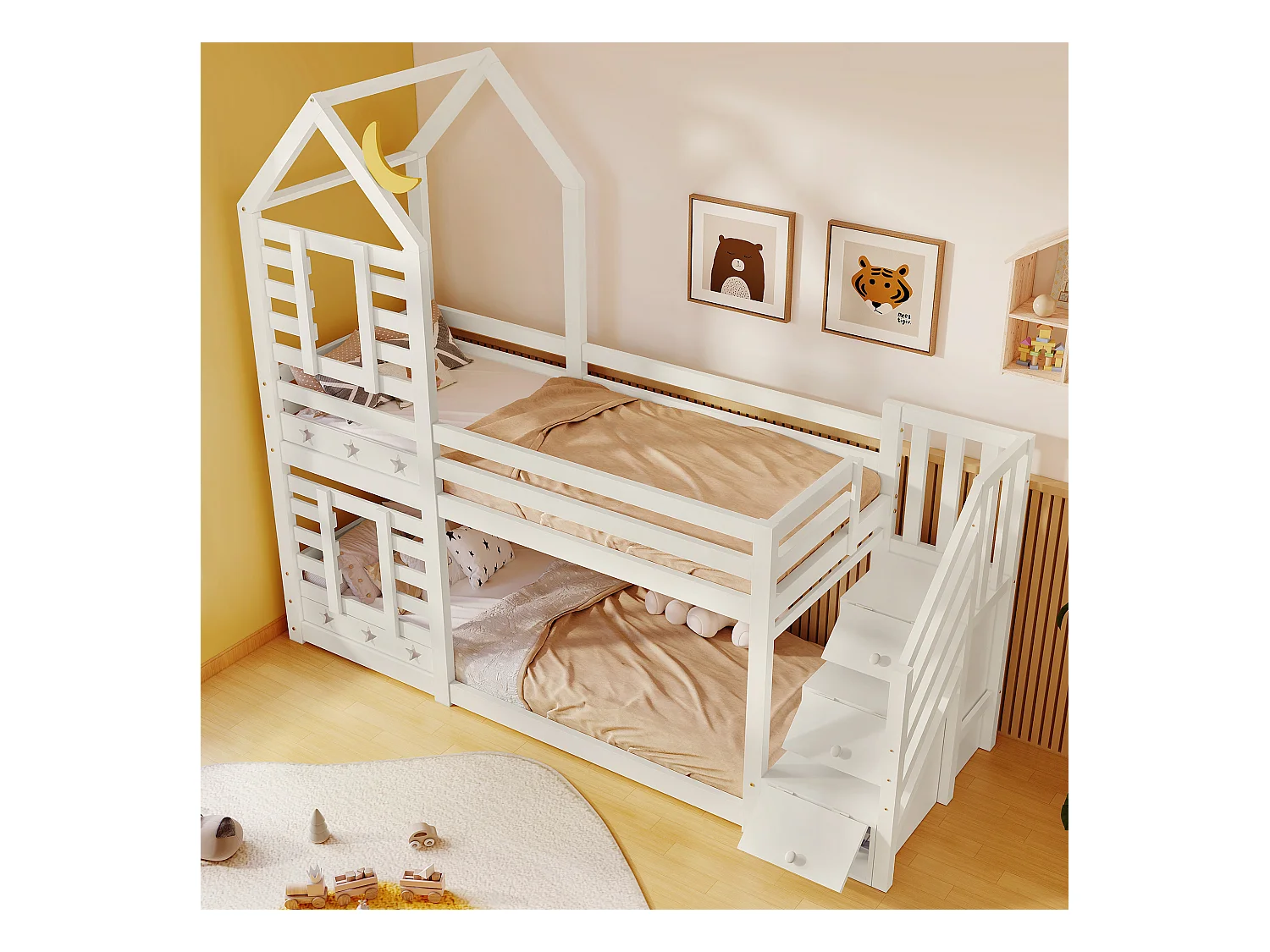 Lits superposés 2 x 90 x 200 cm avec 3 tiroirs et escalier - bois massif et MDF - 2 x sommiers à lattes - blanc