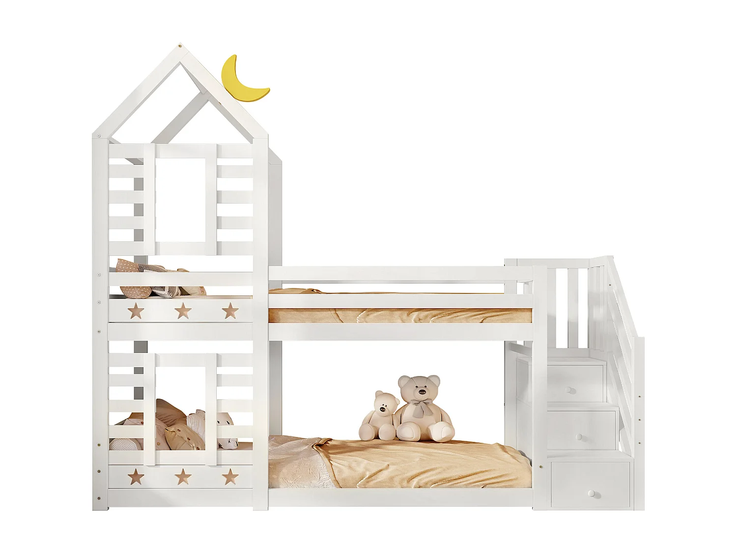 Lits superposés 2 x 90 x 200 cm avec 3 tiroirs et escalier - bois massif et MDF - 2 x sommiers à lattes - blanc