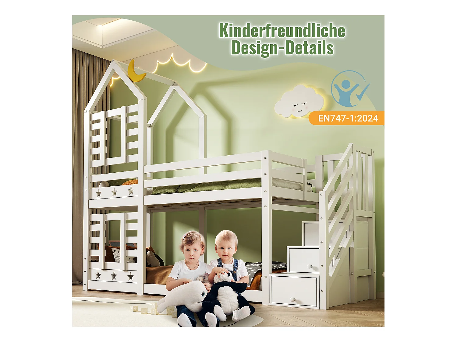 Lits superposés 2 x 90 x 200 cm avec 3 tiroirs et escalier - bois massif et MDF - 2 x sommiers à lattes - blanc