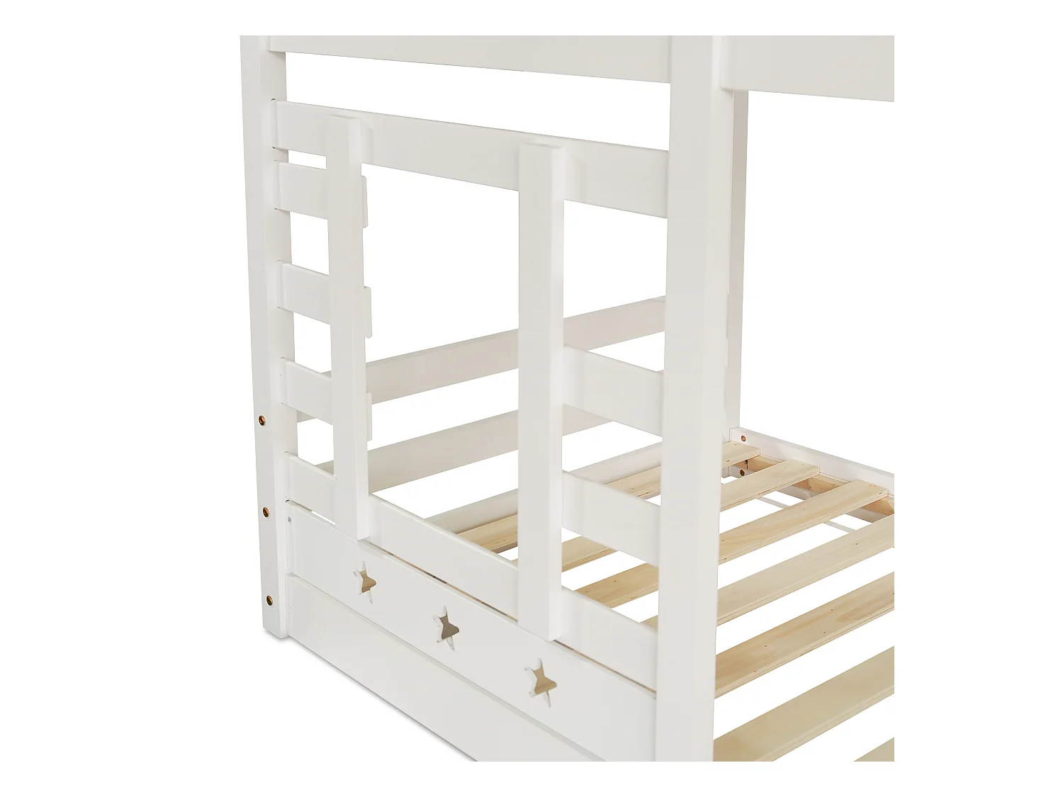 Lits superposés 2 x 90 x 200 cm avec 3 tiroirs et escalier - bois massif et MDF - 2 x sommiers à lattes - blanc