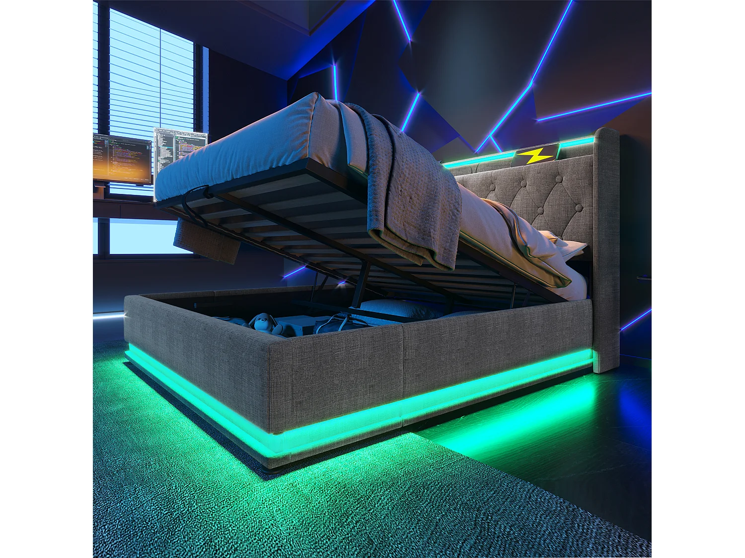 Lit coffre 160 x 200 cm avec tête de lit rangement - Prises USB et LEDs - Tissu en lin - Motif boutons - Gris (sans matelas)