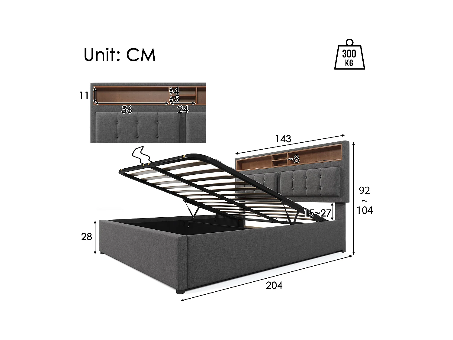 Lit coffre 140 x 200 cm avec tête de lit rangement - prise USB & C - tissu en lin - gris