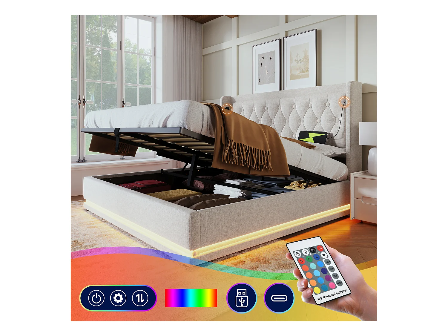 Lit coffre 160 x 200 cm avec tête de lit - Prises USB et Type-C - LEDs - Tissu en coton - Beige (sans matelas)
