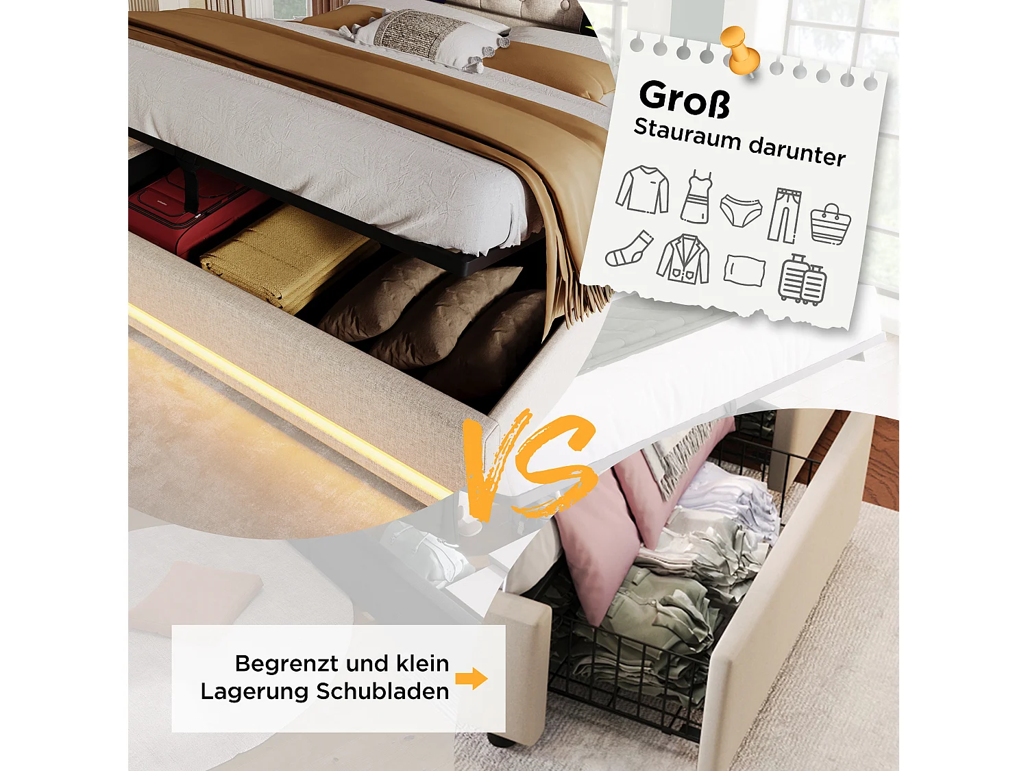 Lit coffre 160 x 200 cm avec tête de lit - Prises USB et Type-C - LEDs - Tissu en coton - Beige (sans matelas)