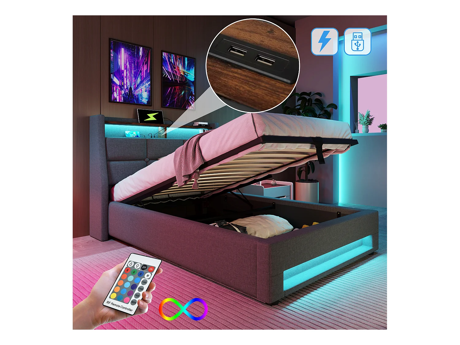 Lit coffre 90 x 200 cm avec tête de lit rangement - prise USB et LEDs - tissu en lin - gris