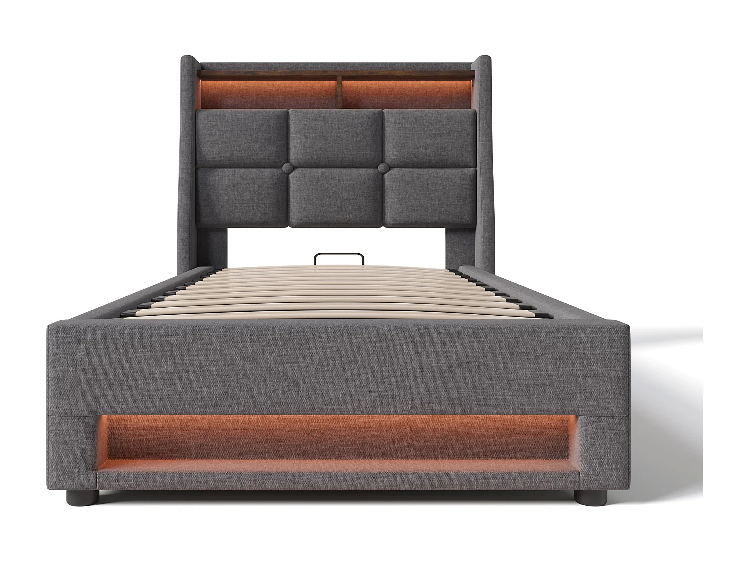 Opbergbed 90 x 200 cm met opberghoofdeinde - USB-aansluiting en LED's - linnenstof - grijs