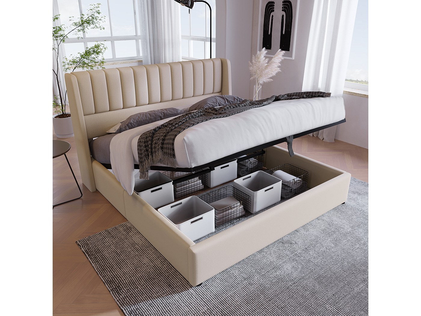 Lit coffre 160 x 200 cm avec tête de lit - tissu en lin - motif à ...
