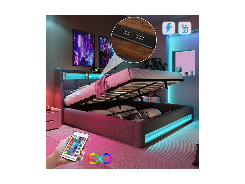 Opbergbed 160 x 200 cm met opberghoofdeinde - USB-aansluiting en LED's - Linnenstof - Grijs - Zonder matras