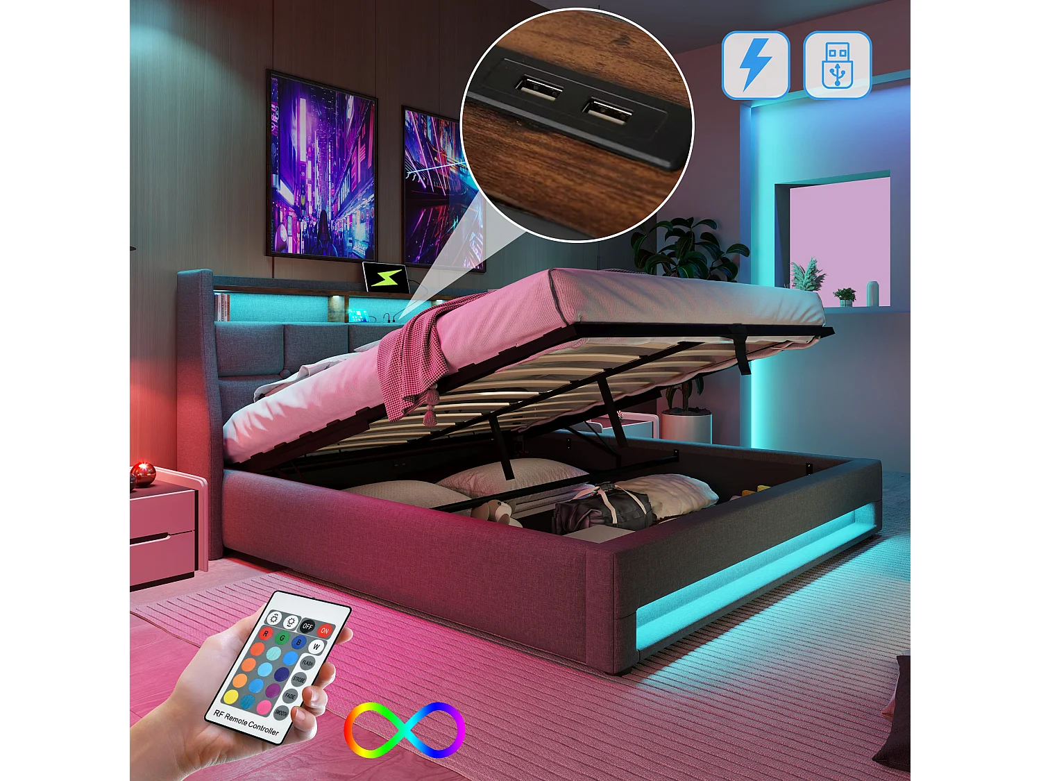 Cama de arrumação 160 x 200 cm com cabeceira de arrumação - Tomada USB e LEDs - Tecido de linho - Cinza - Sem colchão