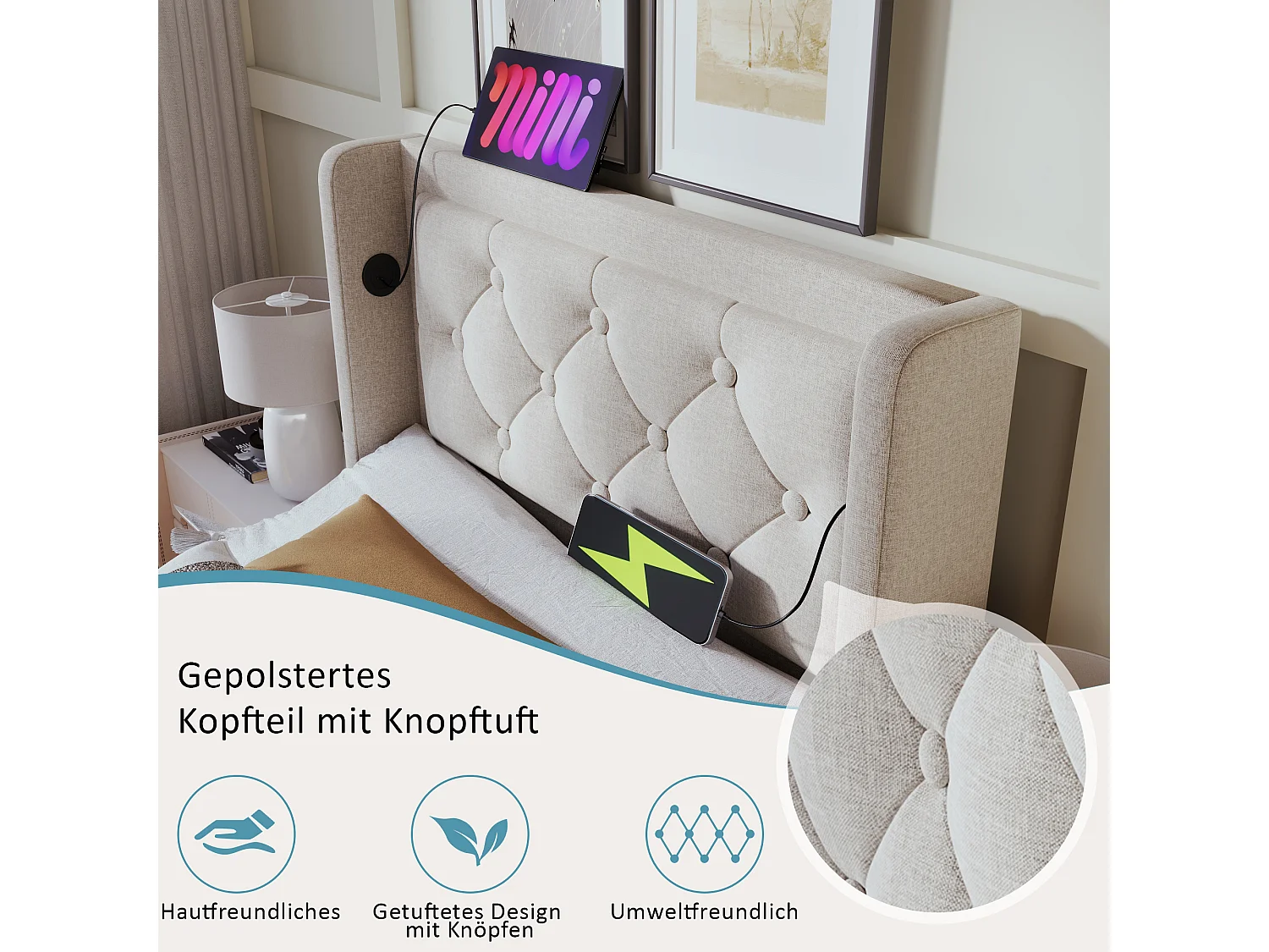 Cama contenedor 90 x 200 cm con cabecero - Tomas USB y Tipo C - LED - Tejido de algodón - Beige (sin colchón)