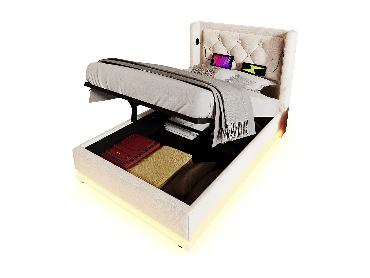 Cama contenedor 90 x 200 cm con cabecero - Tomas USB y Tipo C - LED - Tejido de algodón - Beige (sin colchón)