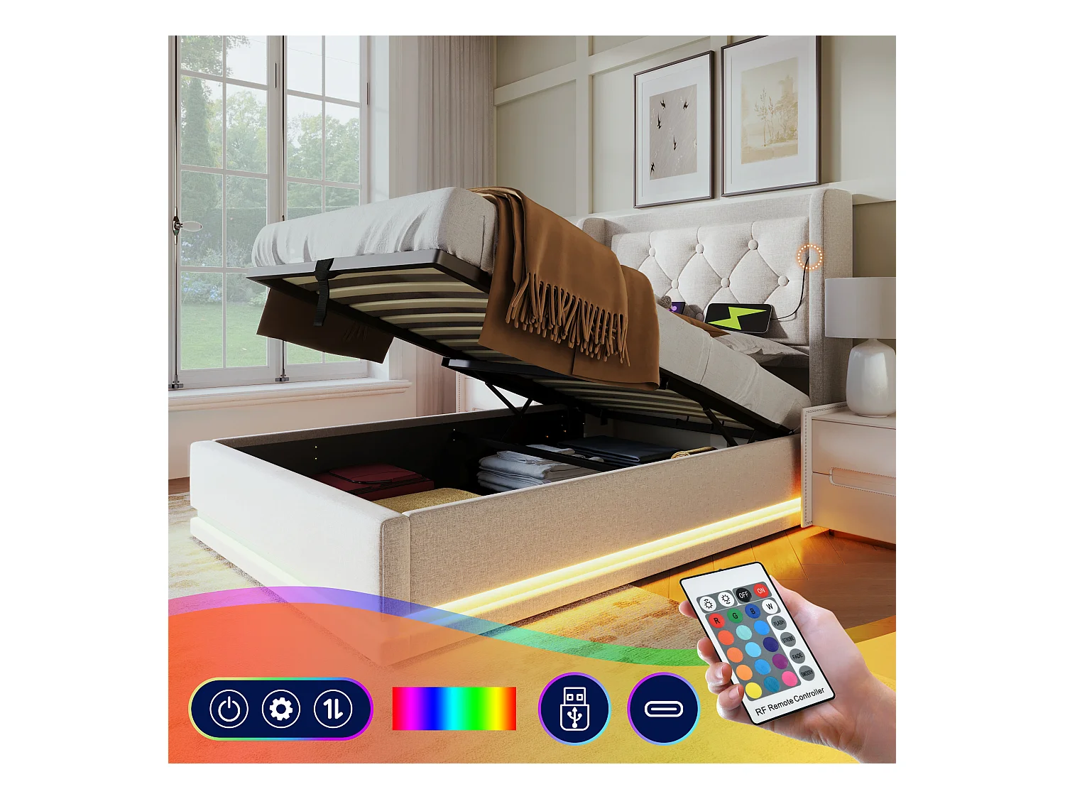 Lit coffre 90 x 200 cm avec tête de lit - Prises USB et Type-C - LEDs - Tissu en coton - Beige (sans matelas)