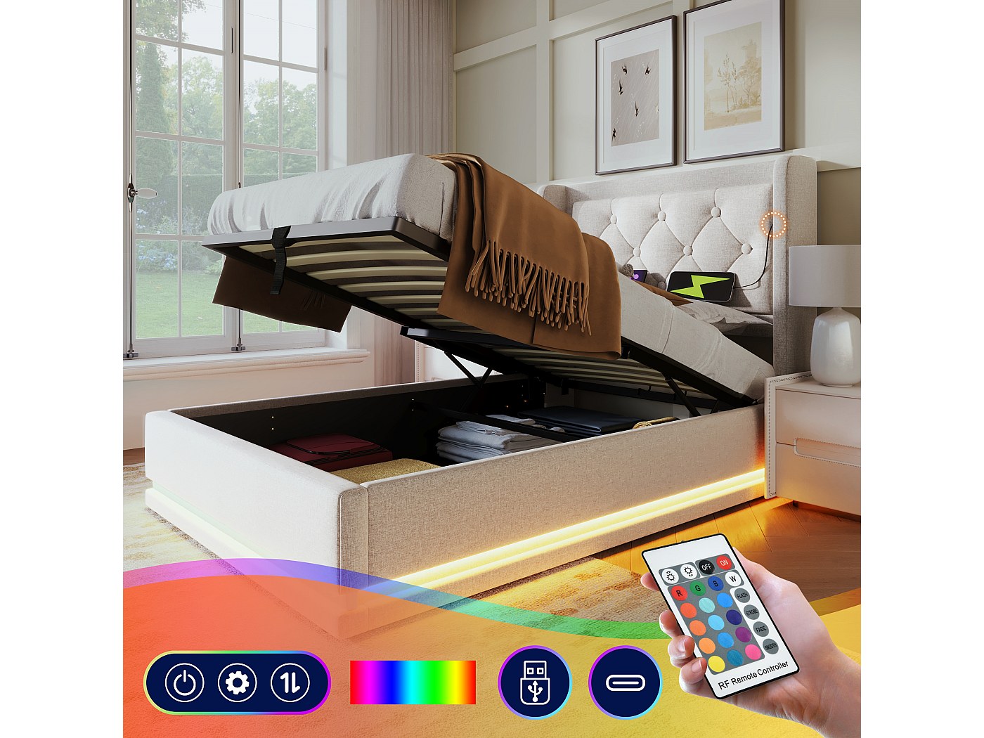 Testiera per Letto Matrimoniale, Testiere con Prese, Porte USB e Luce