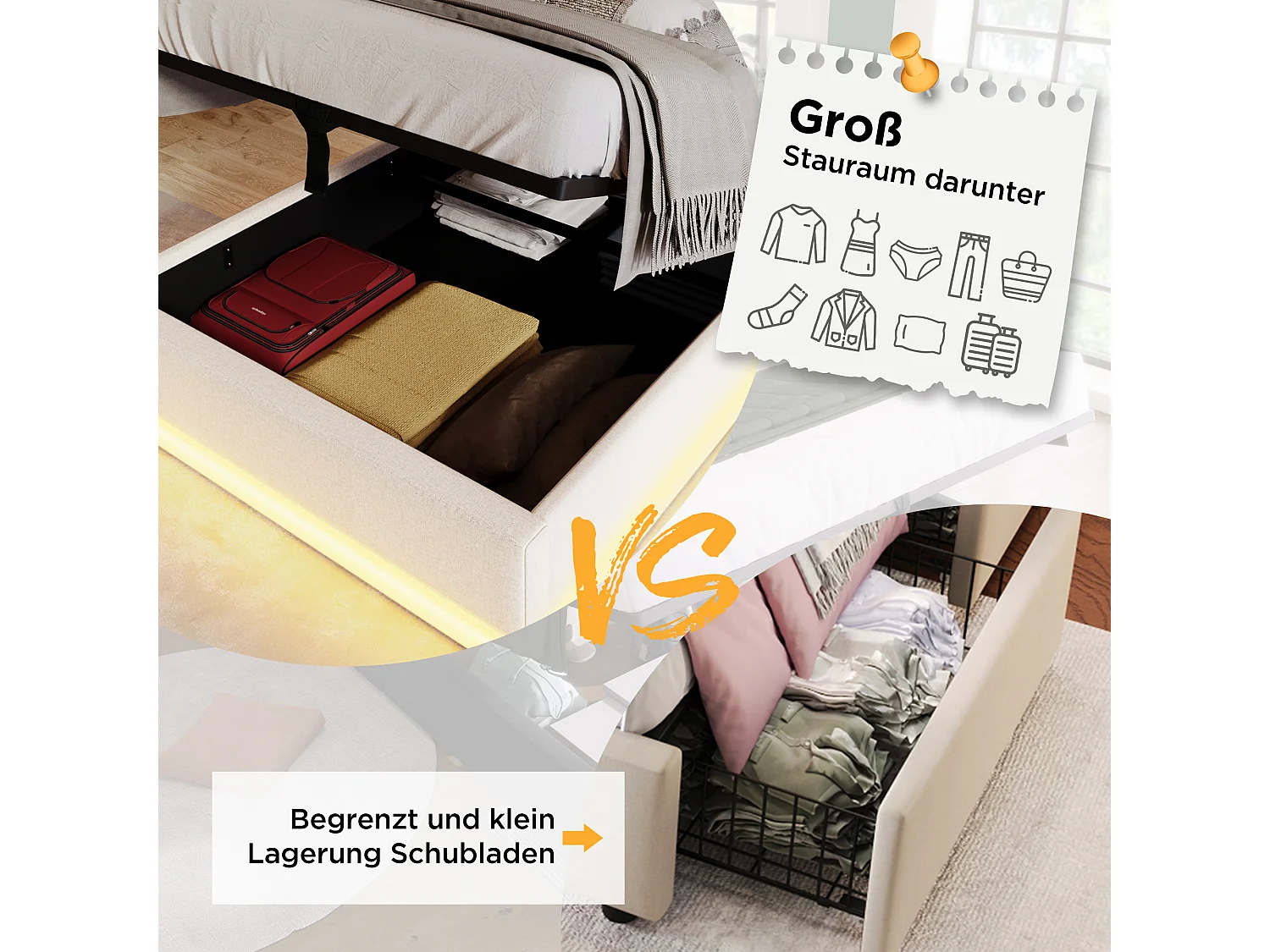 Lit coffre 90 x 200 cm avec tête de lit - Prises USB et Type-C - LEDs - Tissu en coton - Beige (sans matelas)