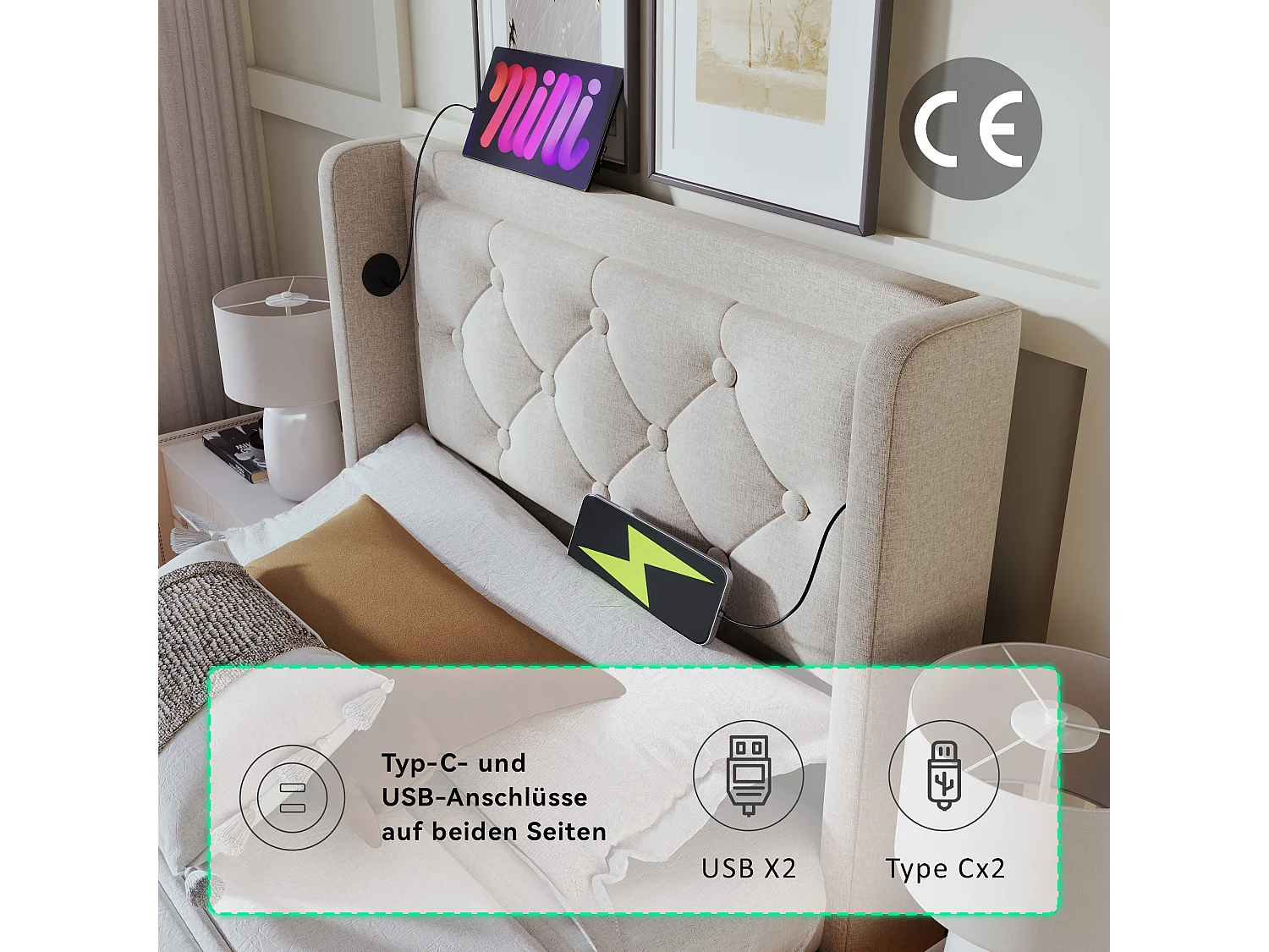 Lit coffre 90 x 200 cm avec tête de lit - Prises USB et Type-C - LEDs - Tissu en coton - Beige (sans matelas)