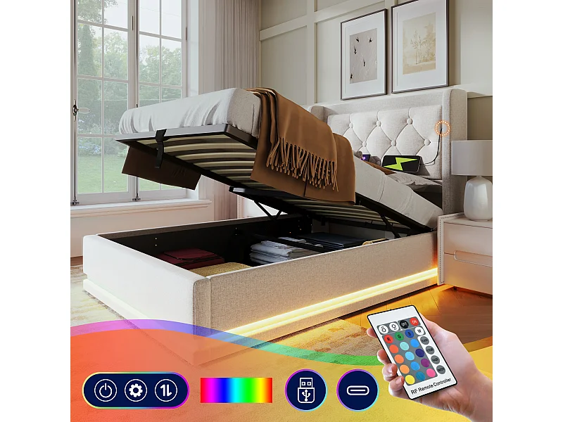 Letto contenitore 90 x 200 cm con testiera - Prese USB e Type-C - LED - Tessuto in cotone - Beige (senza materasso)