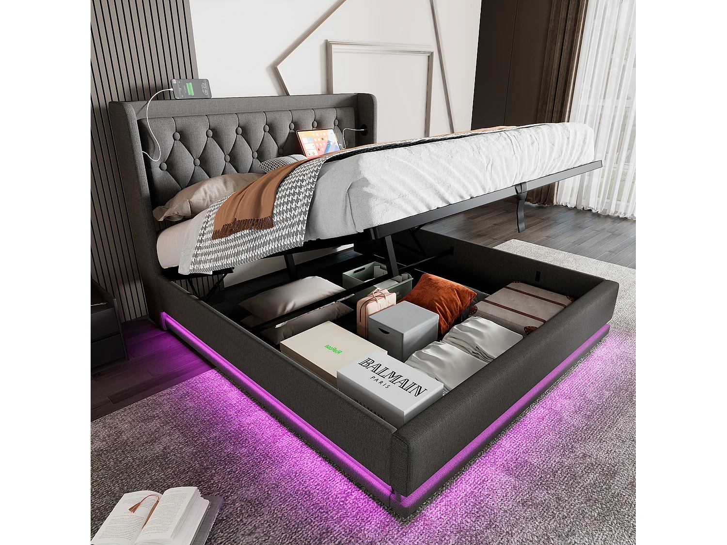 Cama contenedor 140 x 200 cm con cabecero - Tomas USB y Tipo C - LED - Tejido de algodón - Gris (sin colchón)