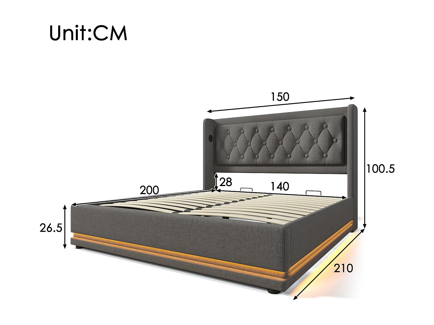 Letto contenitore 140 x 200 cm con testiera - Prese USB e Type-C - LED - Tessuto in cotone - Grigio (senza materasso)