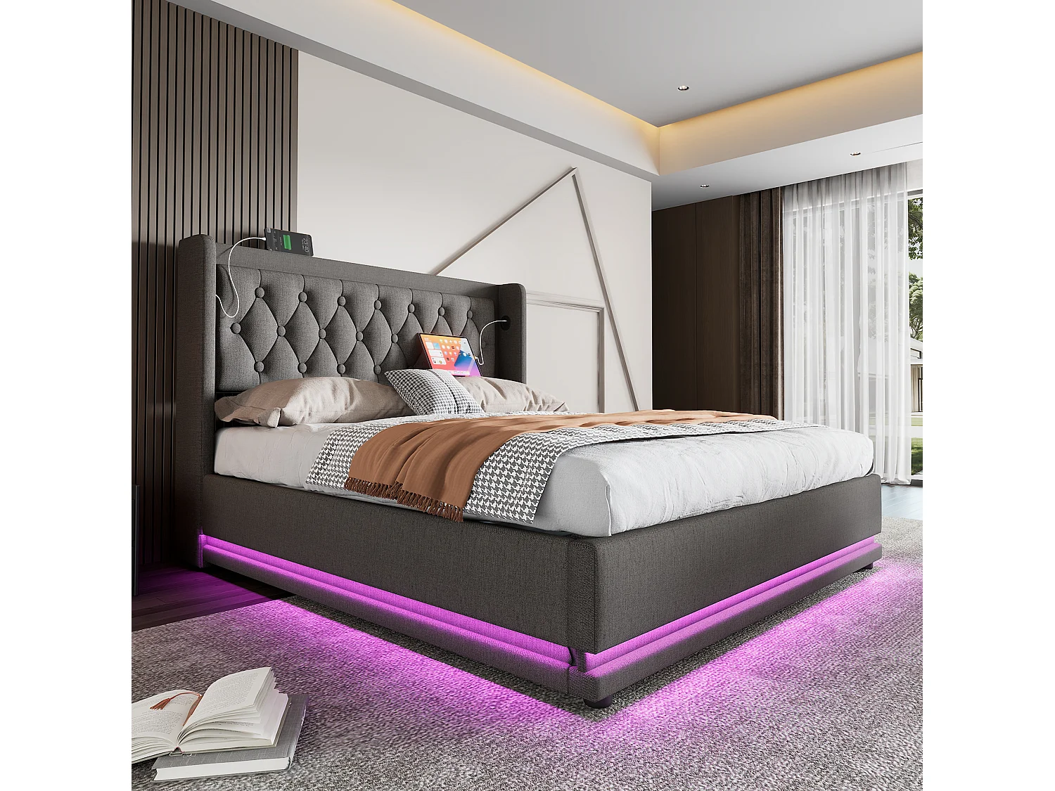 Lit coffre 140 x 200 cm avec tête de lit - Prises USB et Type-C - LEDs - Tissu en coton - Gris (sans matelas)