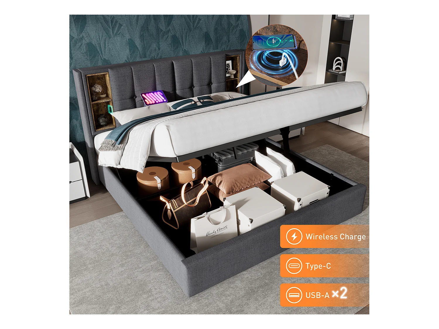Lit coffre 140 x 200 cm avec tête de lit rangement - Prises USB et Typ C - Tissu en coton - Coloris gris