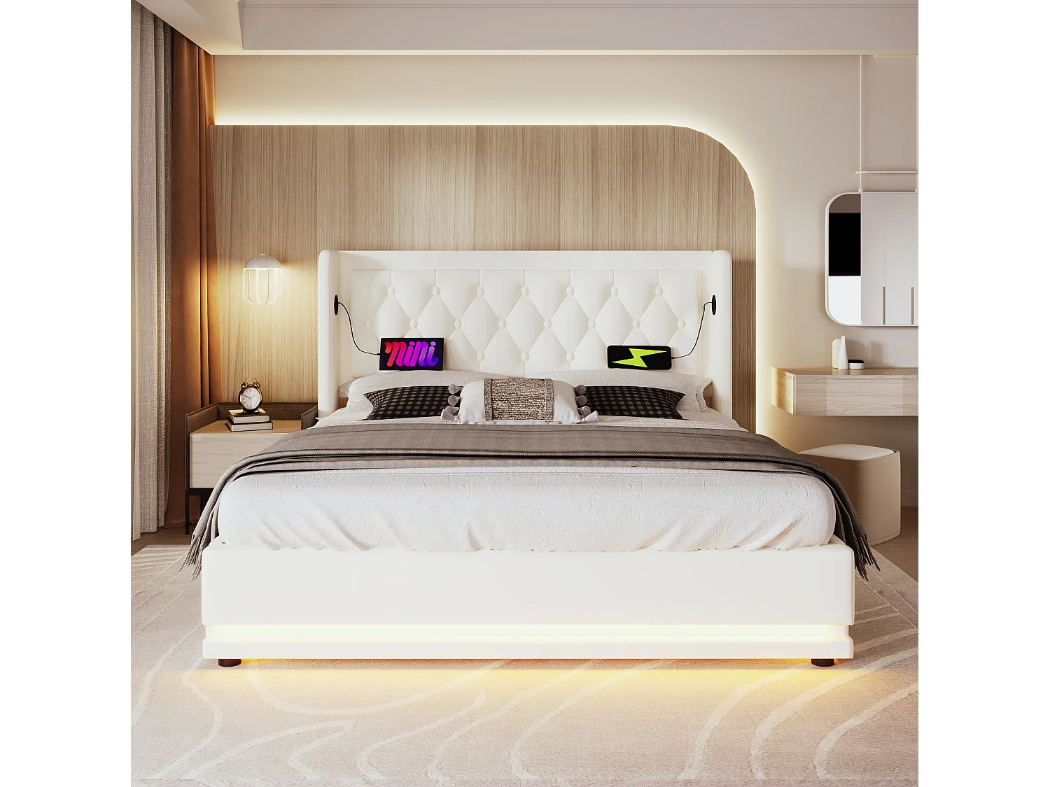 Opbergbed 160 x 200 cm met hoofdbord - USB- en Type-C-aansluitingen - LED's - PU-leer - Wit (zonder matras)