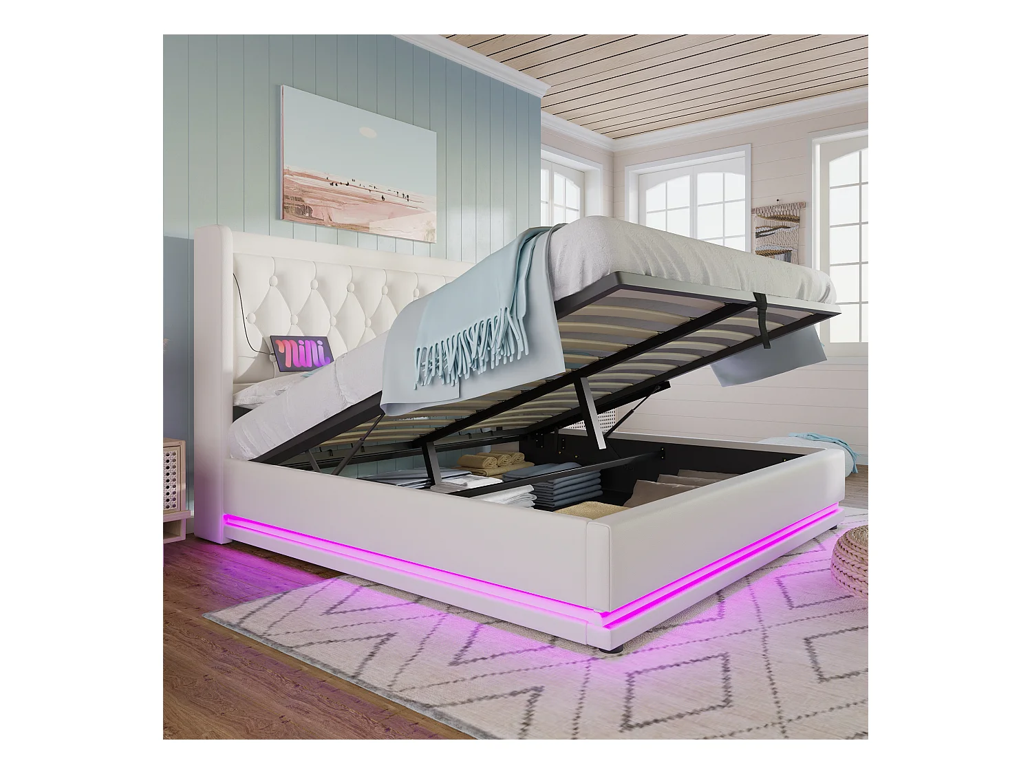 Cama de armazenamento 160 x 200 cm com cabeceira - Tomadas USB e Tipo C - LEDs - Couro PU - Branco (sem colchão)