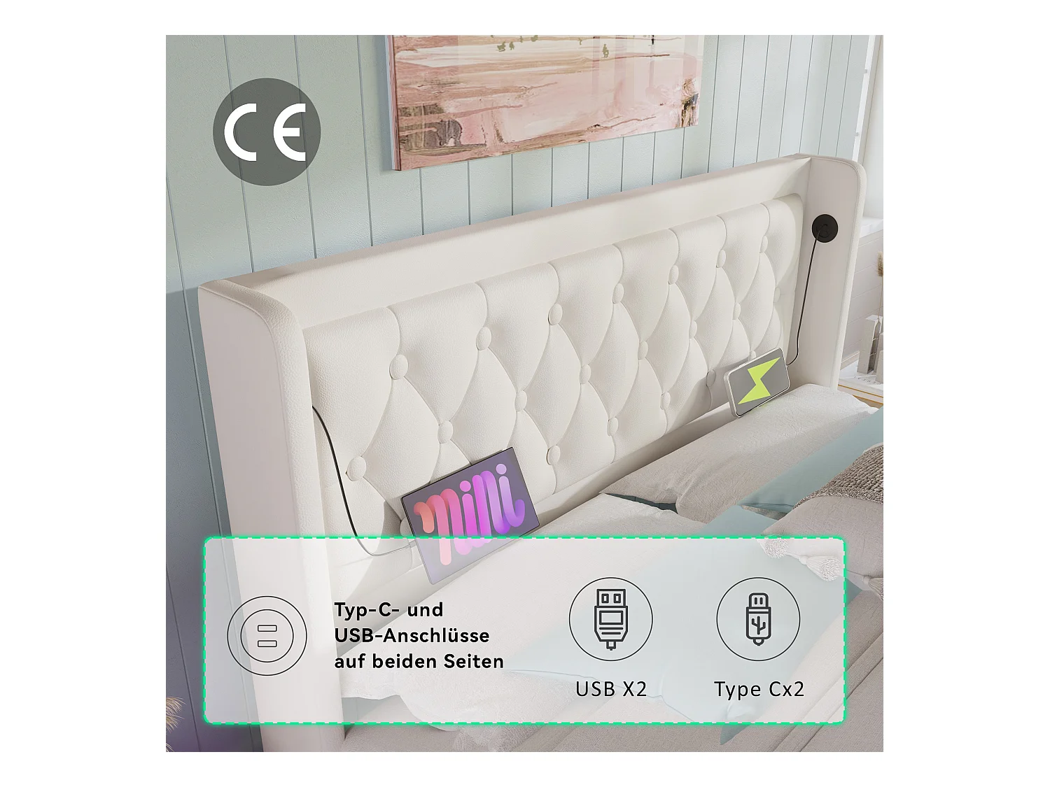 Cama de armazenamento 160 x 200 cm com cabeceira - Tomadas USB e Tipo C - LEDs - Couro PU - Branco (sem colchão)