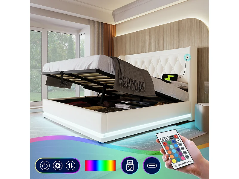 Letto contenitore 160 x 200 cm con testiera - Prese USB e Type-C - LED - Pelle PU - Bianco (senza materasso)