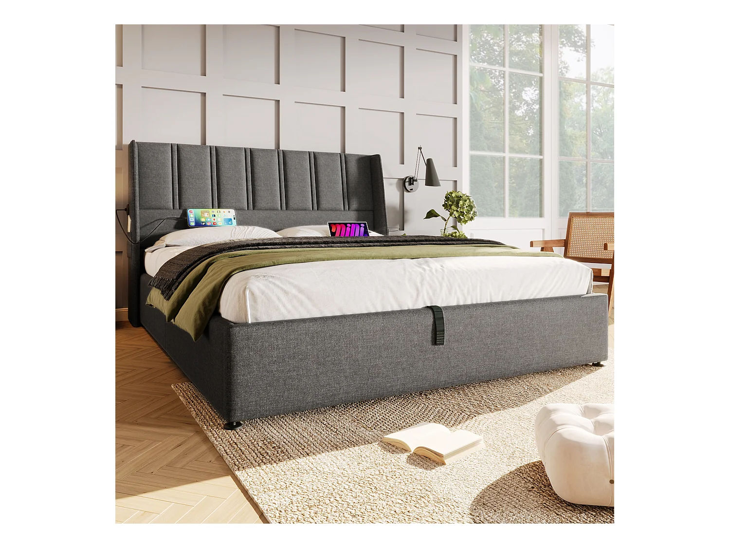 Lit coffre 140 x 200 cm avec tête de lit - Prises USB/Type-C - Tissu en lin - Gris (sans matelas)