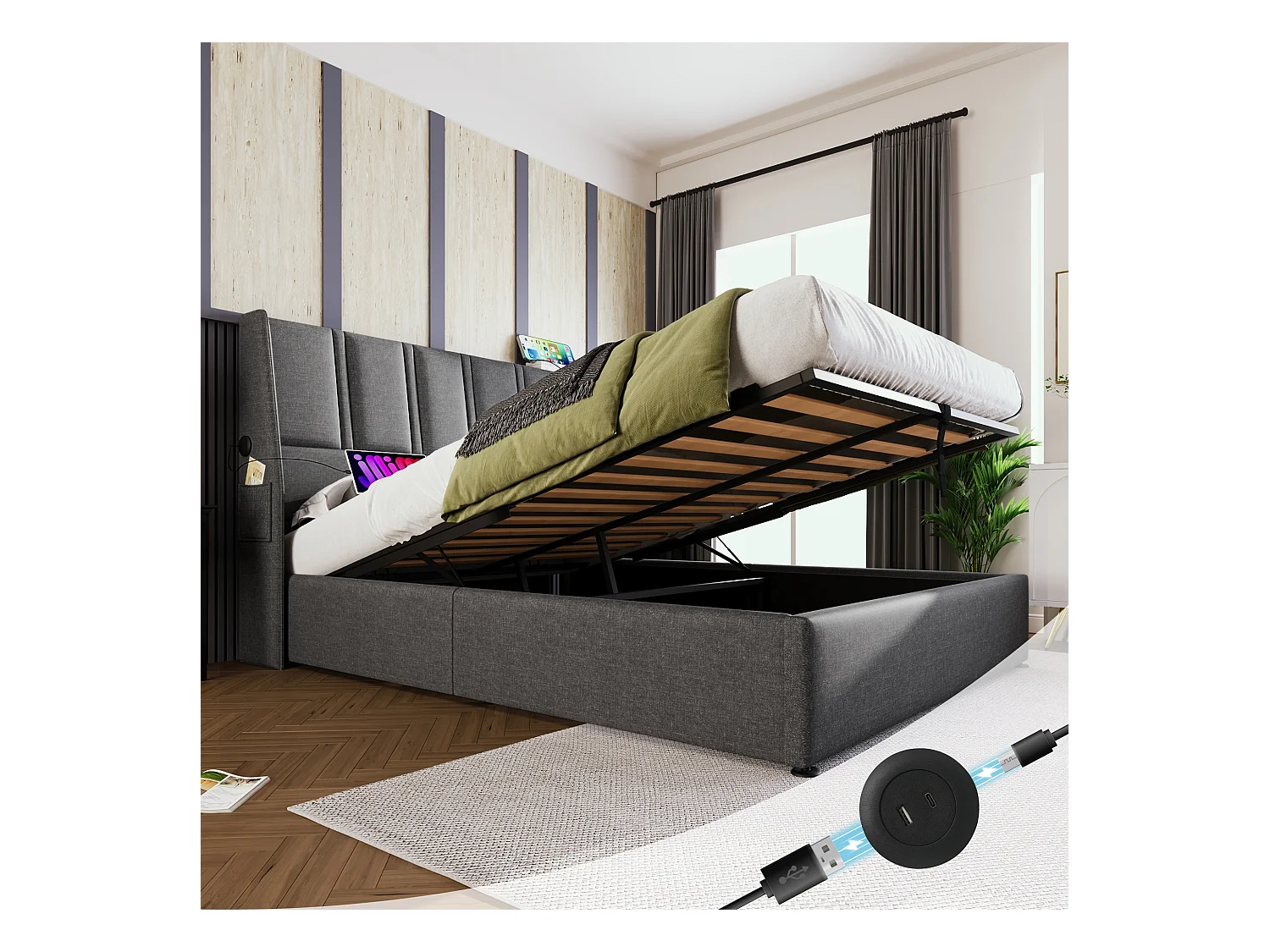 Lit coffre 140 x 200 cm avec tête de lit - Prises USB/Type-C - Tissu en lin - Gris (sans matelas)
