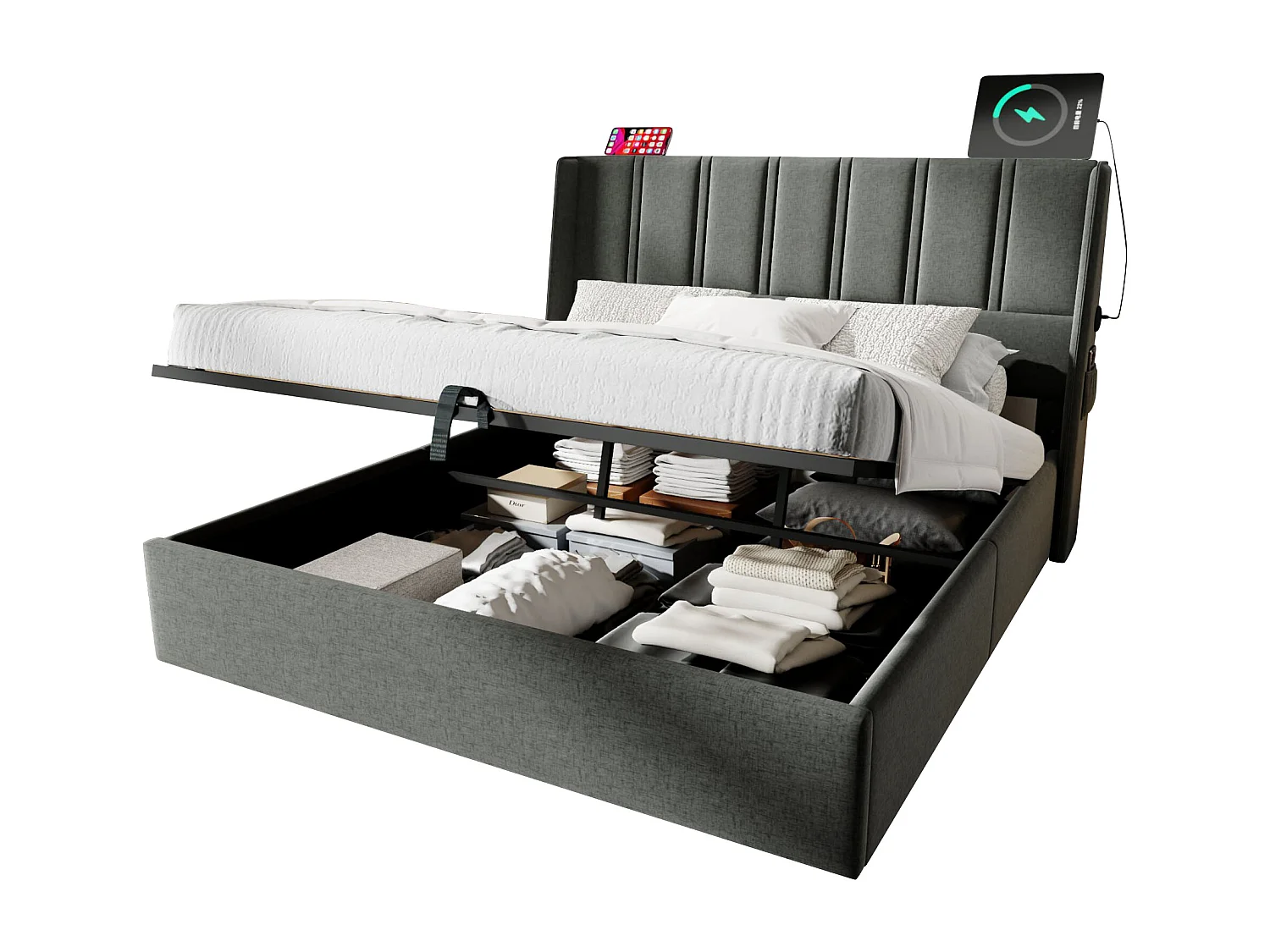 Lit coffre 140 x 200 cm avec tête de lit - Prises USB/Type-C - Tissu en lin - Gris (sans matelas)