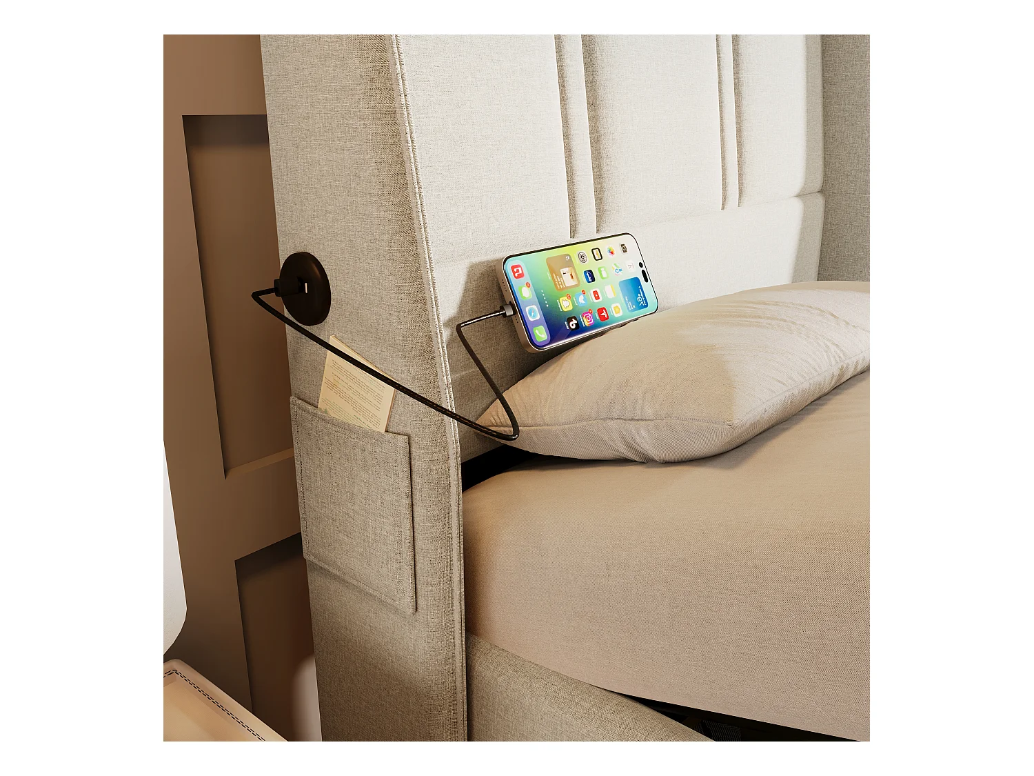 Lit coffre 90 x 200 cm avec tête de lit - Prises USB/Type-C - Tissu en lin - Beige (sans matelas)