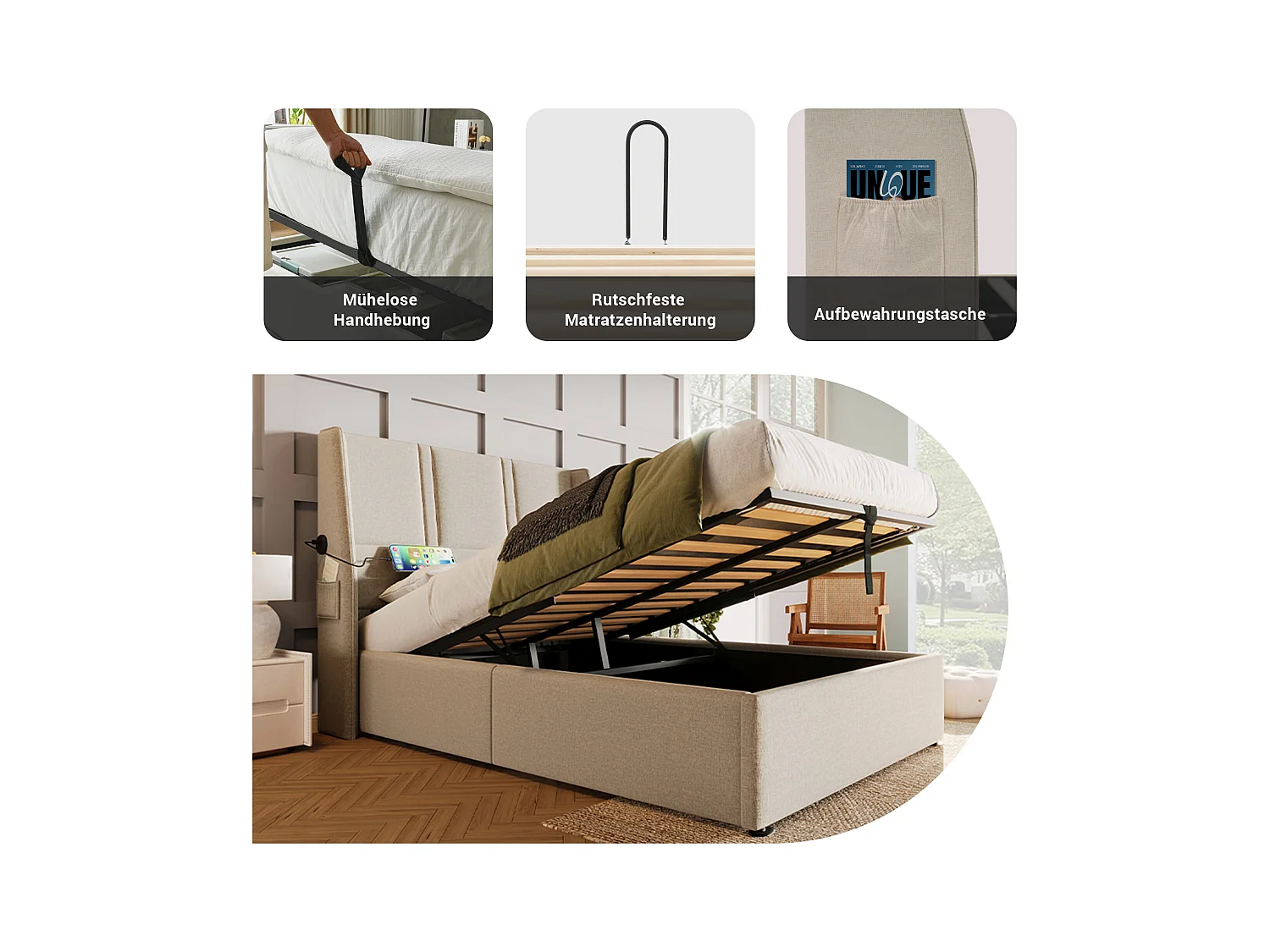 Opbergbed 90 x 200 cm met hoofdbord - USB/Type-C stopcontacten - Linnenstof - Beige (zonder matras)