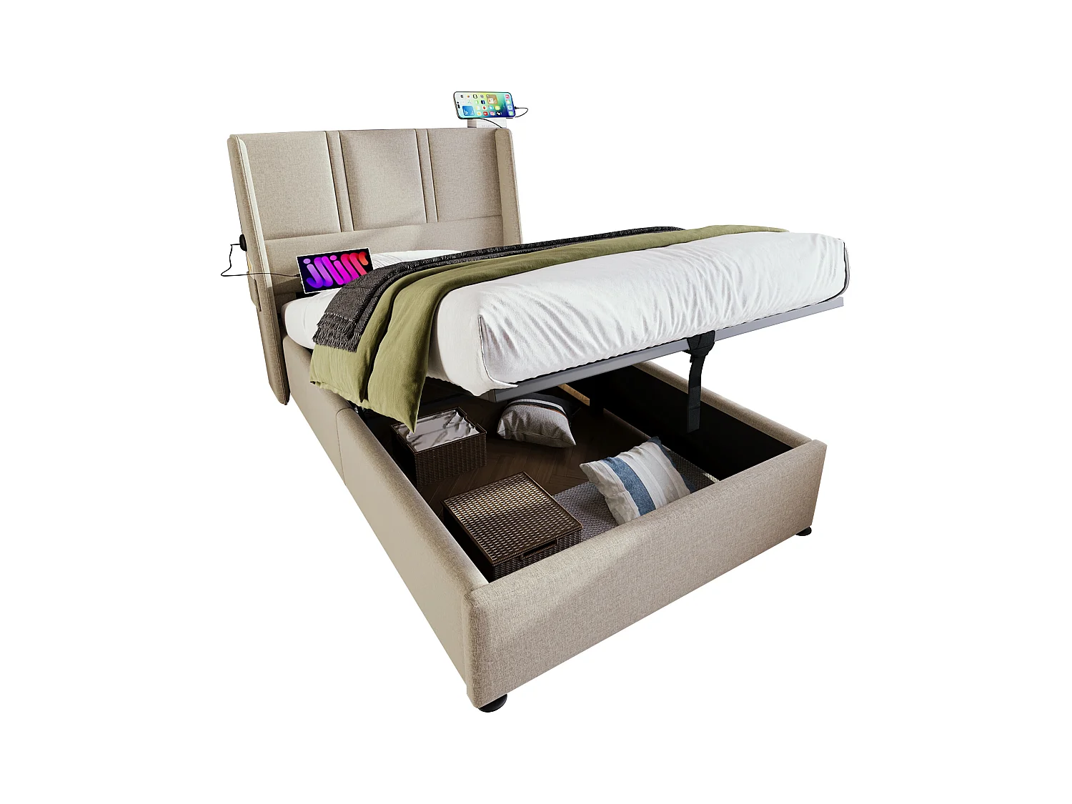 Opbergbed 90 x 200 cm met hoofdbord - USB/Type-C stopcontacten - Linnenstof - Beige (zonder matras)