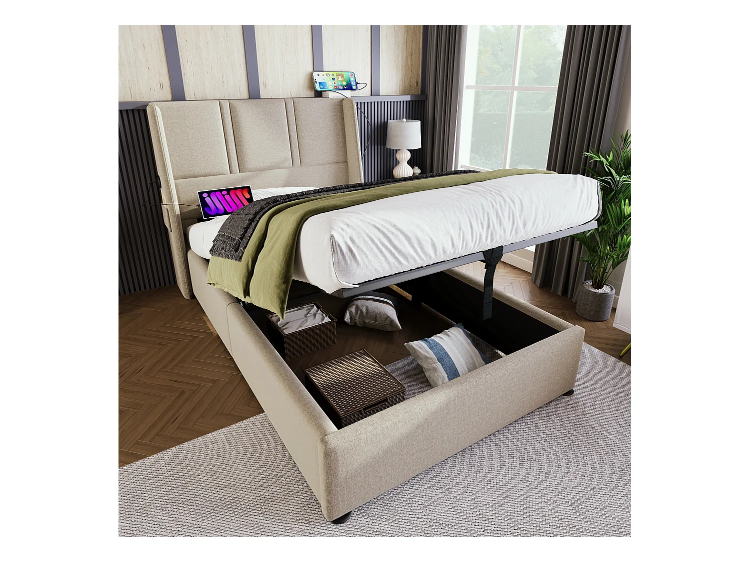Opbergbed 90 x 200 cm met hoofdbord - USB/Type-C stopcontacten - Linnenstof - Beige (zonder matras)